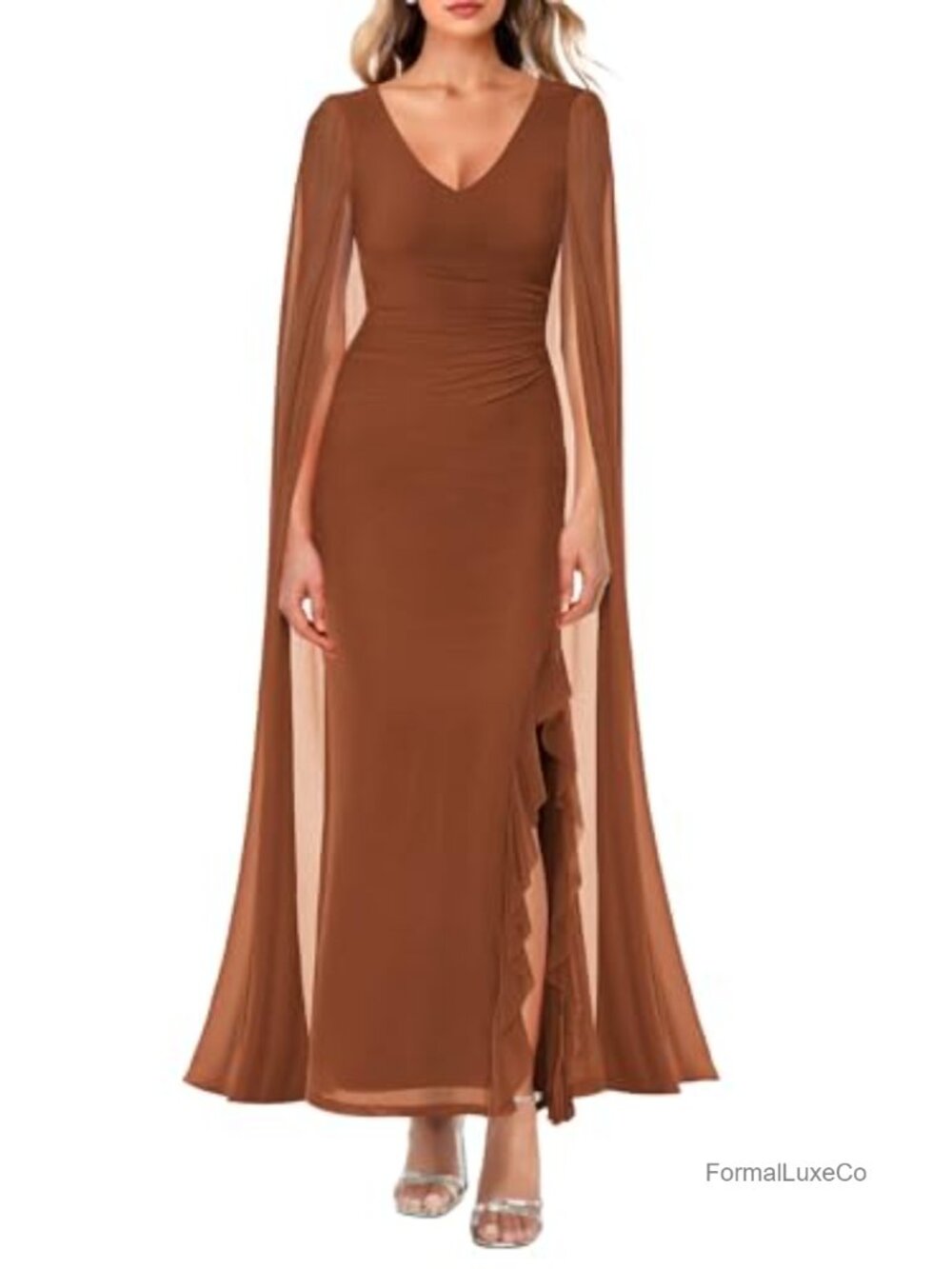 Women's Formal Maxi Dress V-Neck Cape Sleeve High Slit Ruched